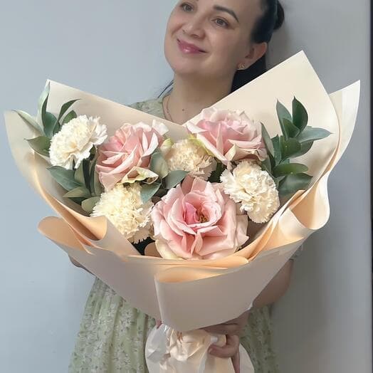 A delicate bouquet with pink French roses, similar to peonies and lace diantes "Prima" s