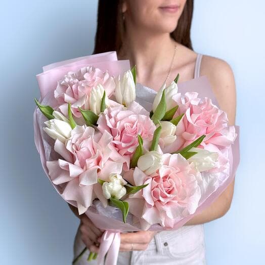 Stylish delicate bouquet French roses and tulips