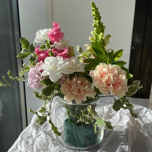 Home flowers in a glass vase