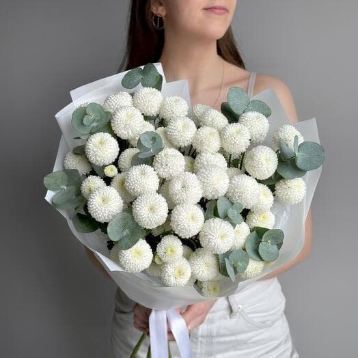 Delicate bouquet white bush chrysanthemum Newton 7 pcs and eucalyptus