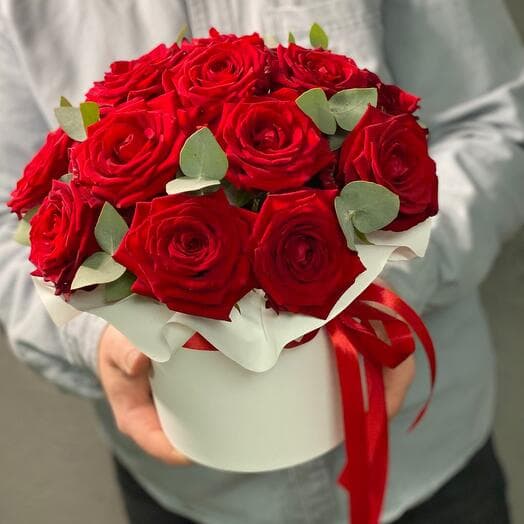 Fragrant roses in a box with eucalyptus "Love is" ️