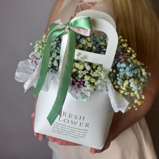 Rainbow gypsophila in a purse