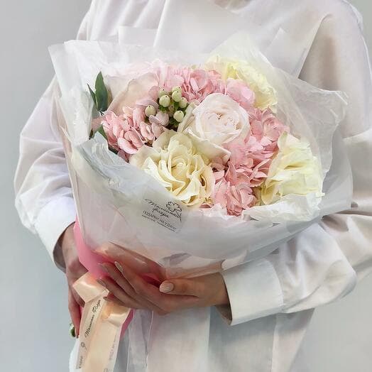 Dawn angel bouquet of pink hydrangea and pionoid roses