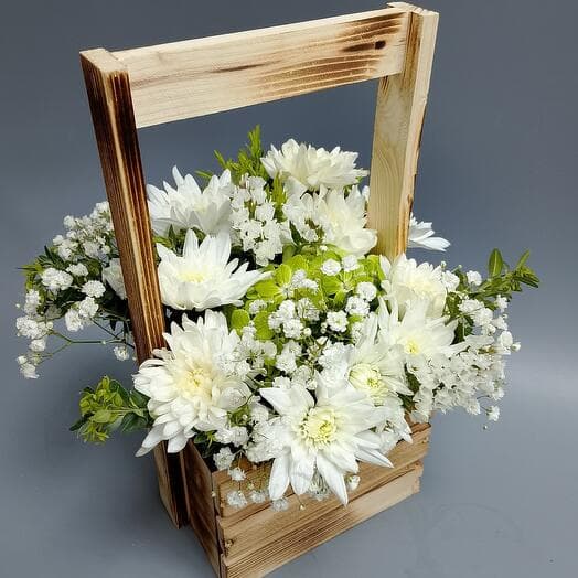 Chrysanthemums in a wooden box