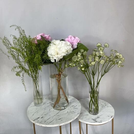 A set of flowers for a house with vases