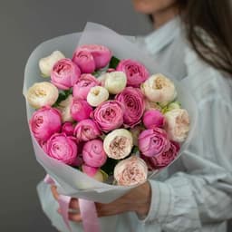 A magnificent bouquet of 9 bush pionoid roses Mansfield Park and Silva Pink0