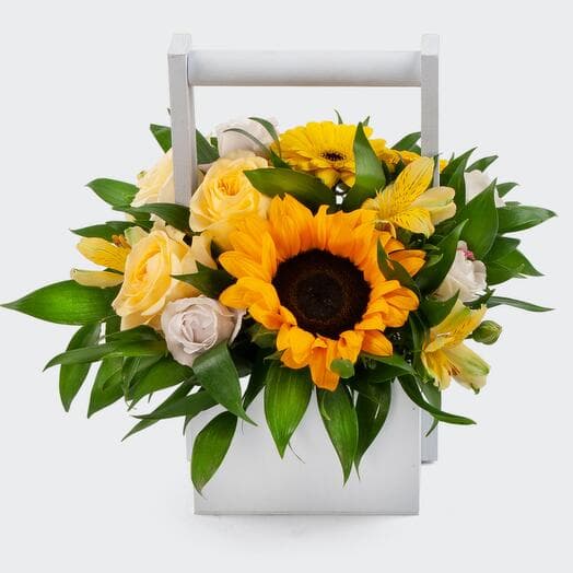 Bouquet in the pots in the hands