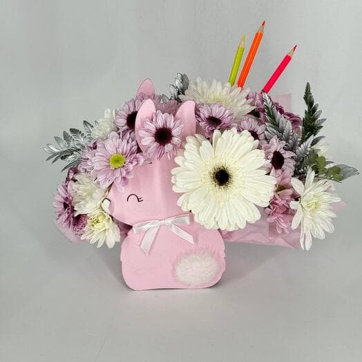 Bunny with flowers and colored pencils