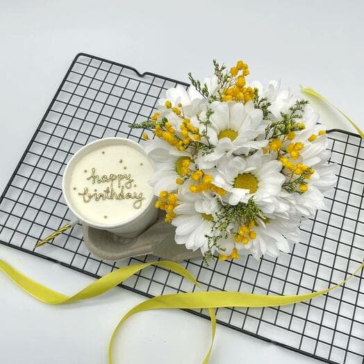 Bento Cake in a glass of Happy Birthday bouquet of chrysanthemums and gypsophyla