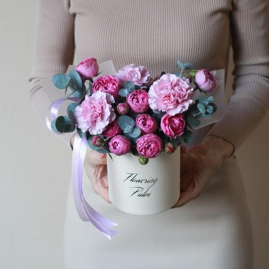 Flower box of Misty Babblez. Composition Flowering Palm, bush peony roses, cloves, eucalyptus