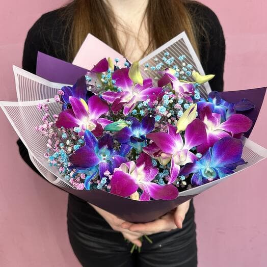 Bouquet of 15 colors Blue and pink orchid of dendrogium and gypsophila "Star Sky-1" from Fmart Polezha