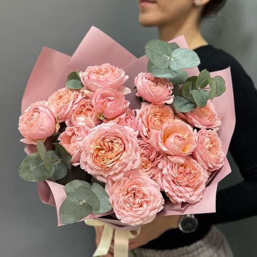 Bouquet with pionivoid rose Juliet and eucalyptus
