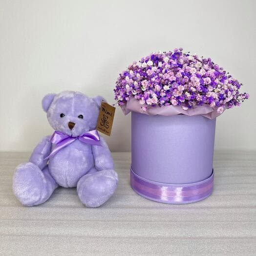 Gift set: Darling flower box from lavender gypsophiles and soft bear