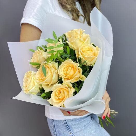 Rose with greens in matte packaging