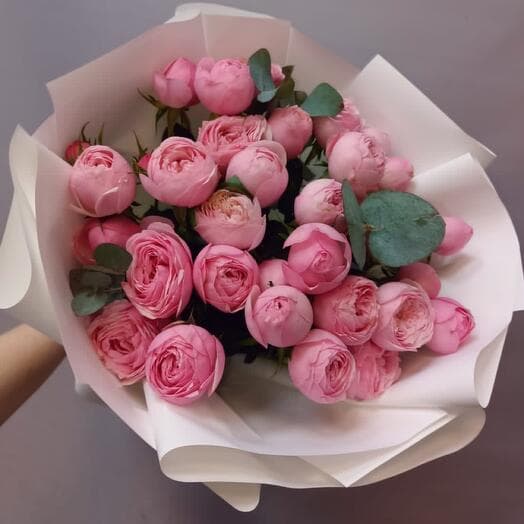 Super price !!! Bouquet of pionoid bush roses and eucalyptus