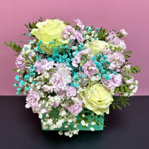 Flower composition in a wooden envelope "Cloud"