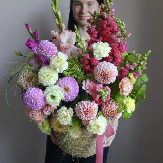 Dahlias, eastoma, gladioli in a large basket