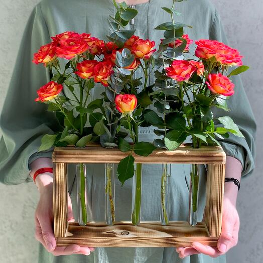 Frame with rose flasks with eucalyptus