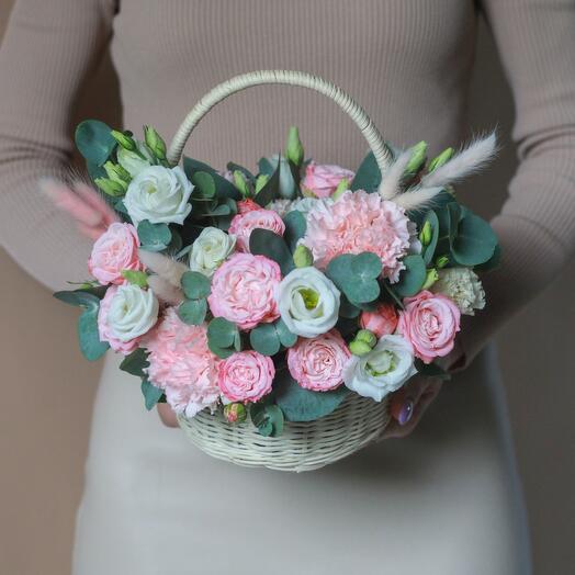 Basket with bush roses and eastoma. Basket 216 Flowering Palm