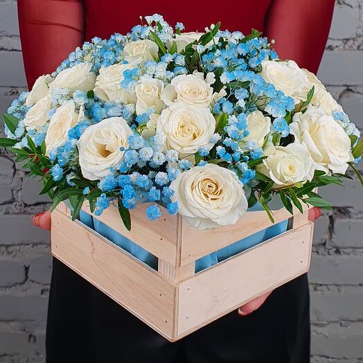 Composition 5 white bush roses with blue gypsophila