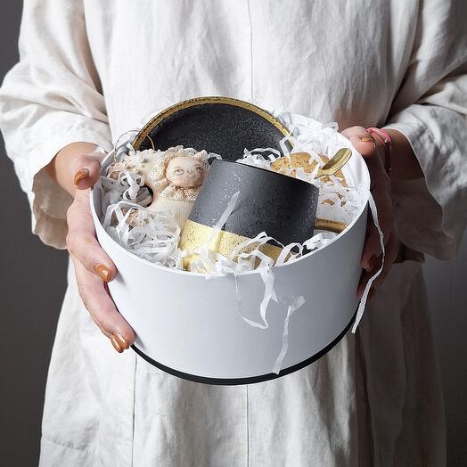 Золотой состав 💛 Керамическая кружка с блюдцем и ложечкой, месяц, игрушка ручной работы