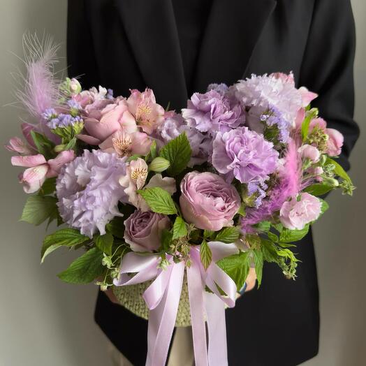 Summer composition in a knitted basket in a purple color scheme of B46