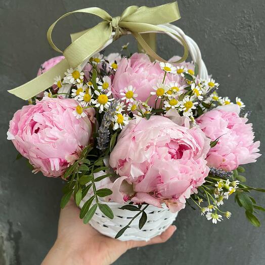 "Switching summer." Cute basket with peonies and chamomile