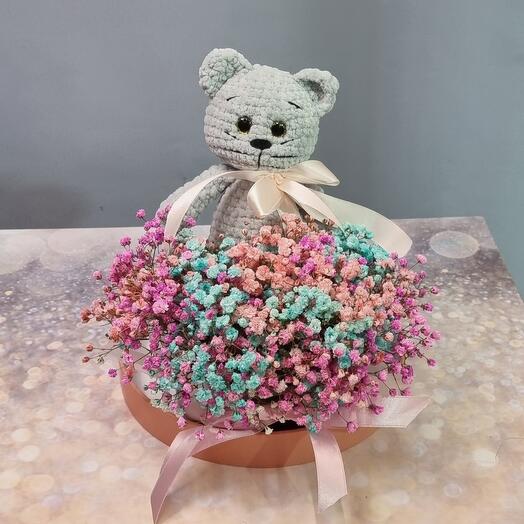 Rainbow gypsophila and handmade toy cat