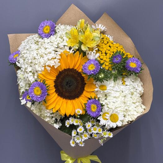 Подсолнухи, Луговые цветы, букет с подсолнухами «Утренняя роса»💛
