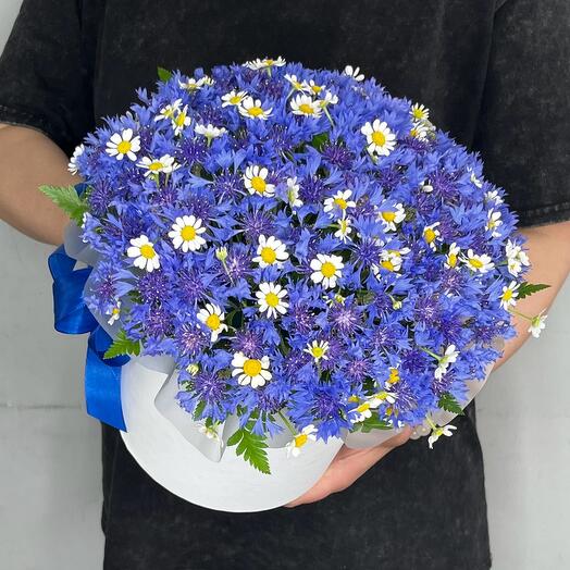 Васильки и ромашки в белой коробке