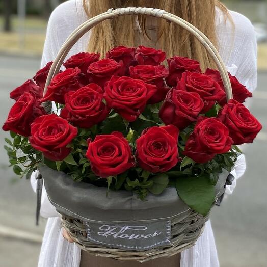 25 fragrant red roses in the basket