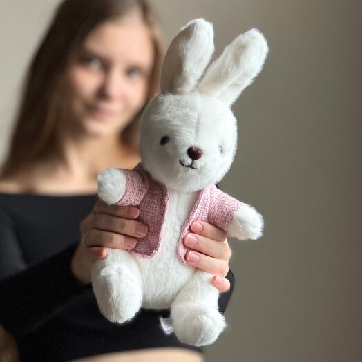 The plush rabbit is white