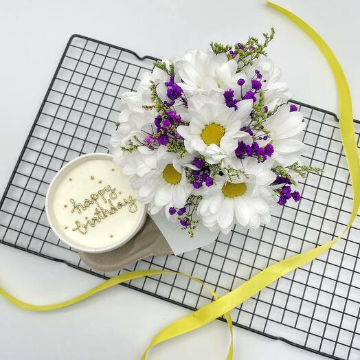 Bento cake with gold letters bouquet of chrysanthemums and gypsophyla
