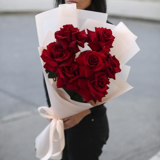 7 red Ecuador roses in designer packaging