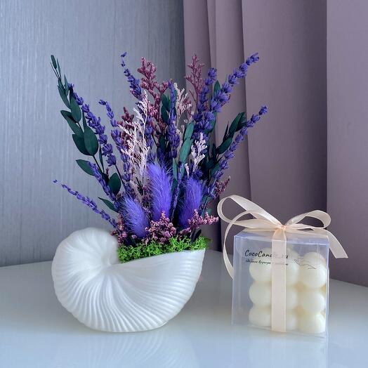 Кашпо ракушка  с сухоцветами( с лавандой и эвкалиптом) и свеча bubble. Подарок на День рождения