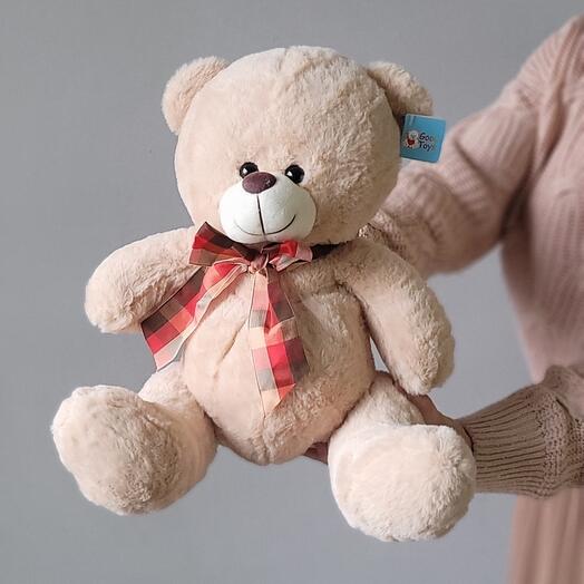 Plush bear with a checkered bow