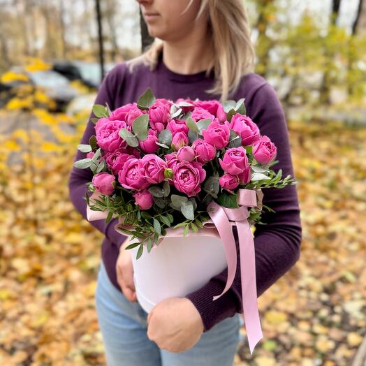 Pionoid roses and eucalyptus boxes