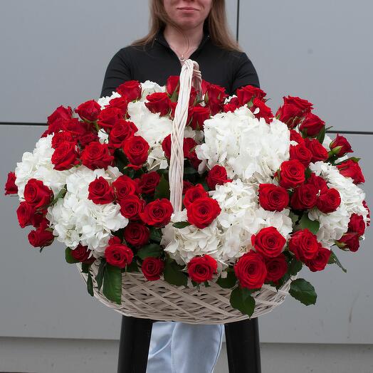 Bright red roses and white hydrangea basket Viva La Vita