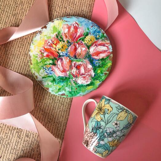 Gift set of tulips - oil and cup