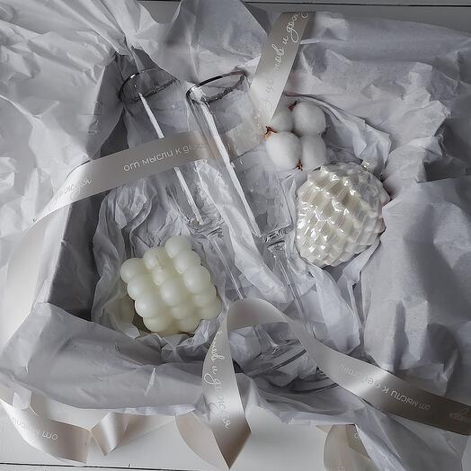 🤍 Романтичный набор с серебрянными бокалами. Геометрическая свеча, керамический артишок и хлопок