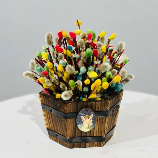Кашпо деревянное с разноцветной вербой