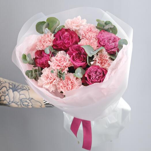 A bouquet of pionoid roses of country blues with pink diantes and eucalyptus AB284