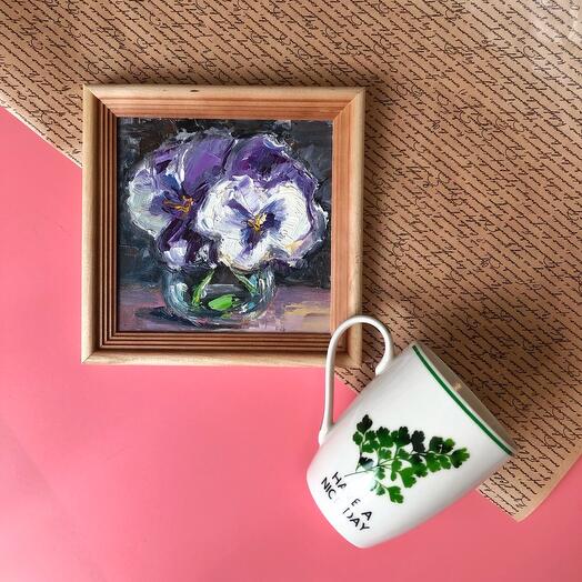Gift set Picture with violets and cup