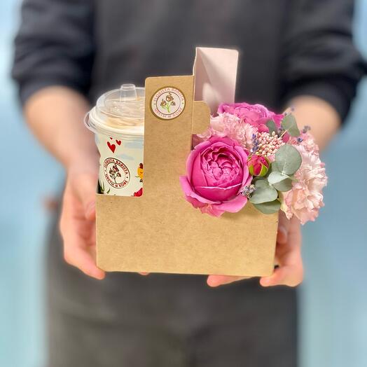 Morning set made of fragrant coffee and a cute bouquet of flowers in the style of Provence