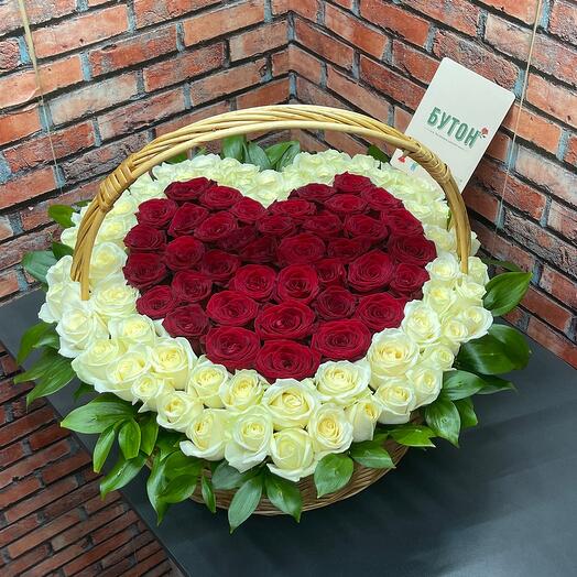Сердце в корзине Роза 101шт