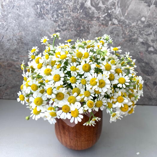 Mini composition with daisies in a cedar cup