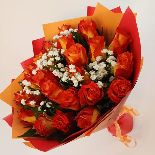25 orange roses with gypsophila in red-orange packaging