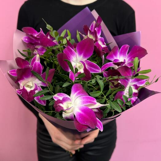 Bombic bouquet of pink orchid dendrobium with pistachio greens