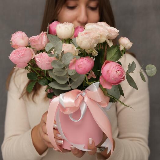 Delicate composition of pionoid roses box s