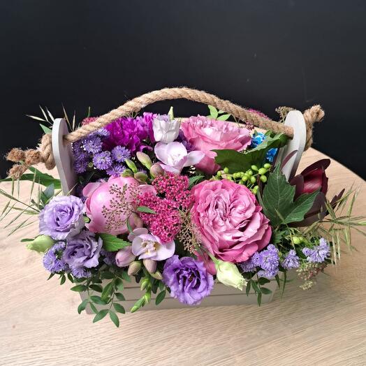 Ящик с пионовидной розой «сирень»